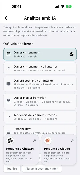 Pantalla real d’anàlisi amb sessions de demostració. Compartida entre les apps d’entrenament.
