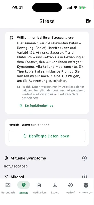 Stressbildschirm vor dem Laden von Gesundheitsdaten. Die Schaltflächen der Assistenten stehen weiter unten im Bericht.