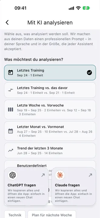 Echter Analysebildschirm mit Demonstrationseinheiten. In den Trainings-Apps gemeinsam verwendet.