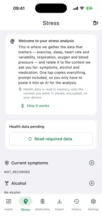 Stress screen before health data is loaded. The assistant buttons appear further down the report.