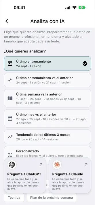 Pantalla real de análisis con sesiones de demostración. Compartida entre las apps de entrenamiento.