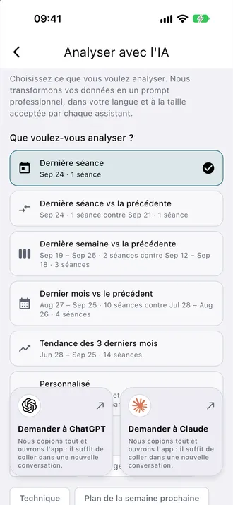 Écran réel d’analyse avec des séances de démonstration. Commun aux apps d’entraînement.