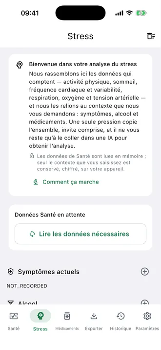 Écran de stress avant le chargement des données de santé. Les boutons des assistants se trouvent plus bas dans le rapport.